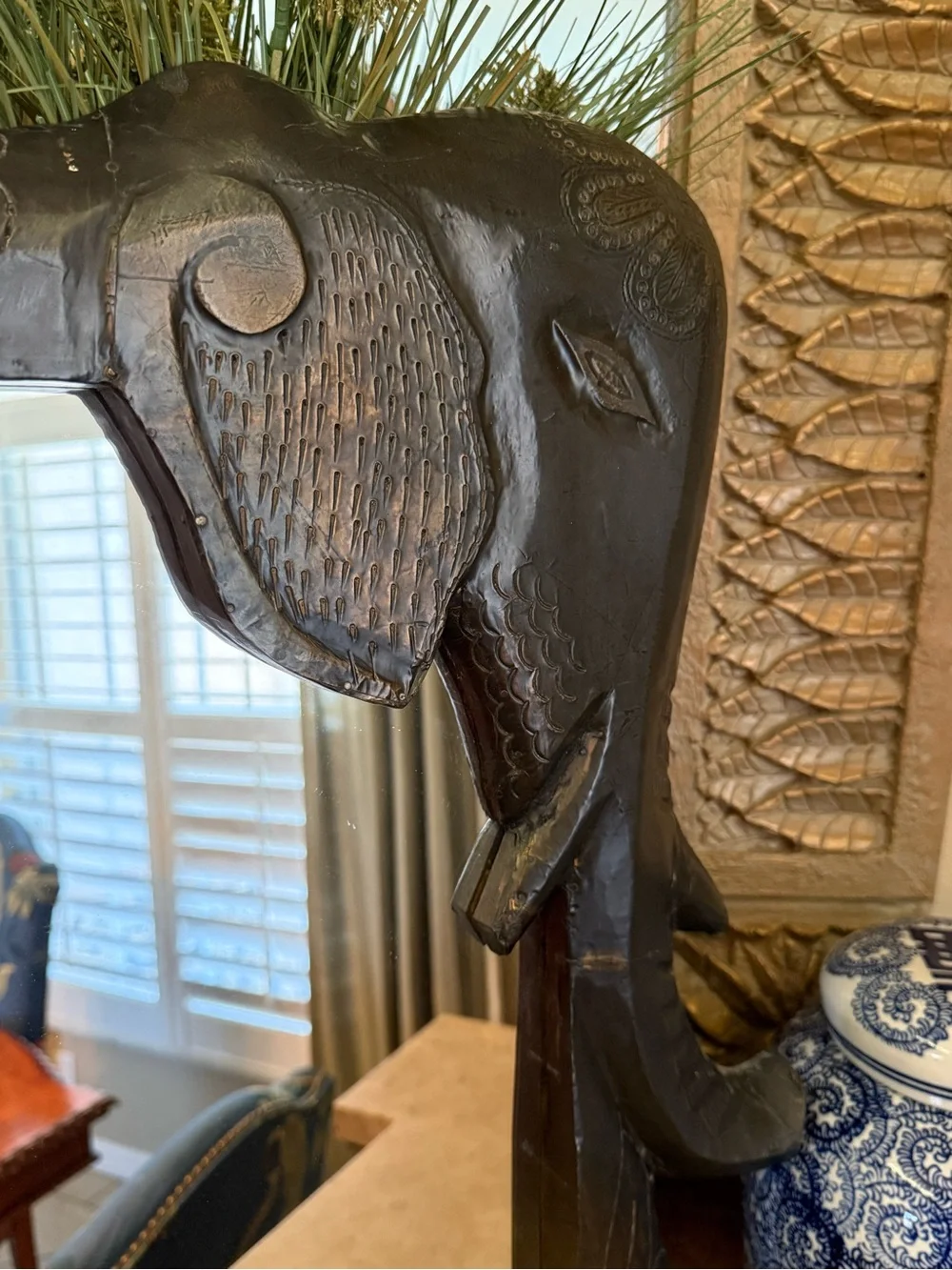 Vintage Large Hand-Carved Wood Elephant Wall Mirror - Made in India